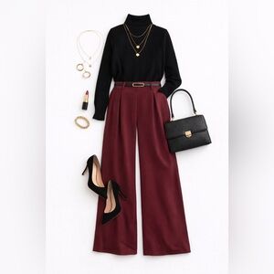 High-Waist Wide Leg Trousers in Wine